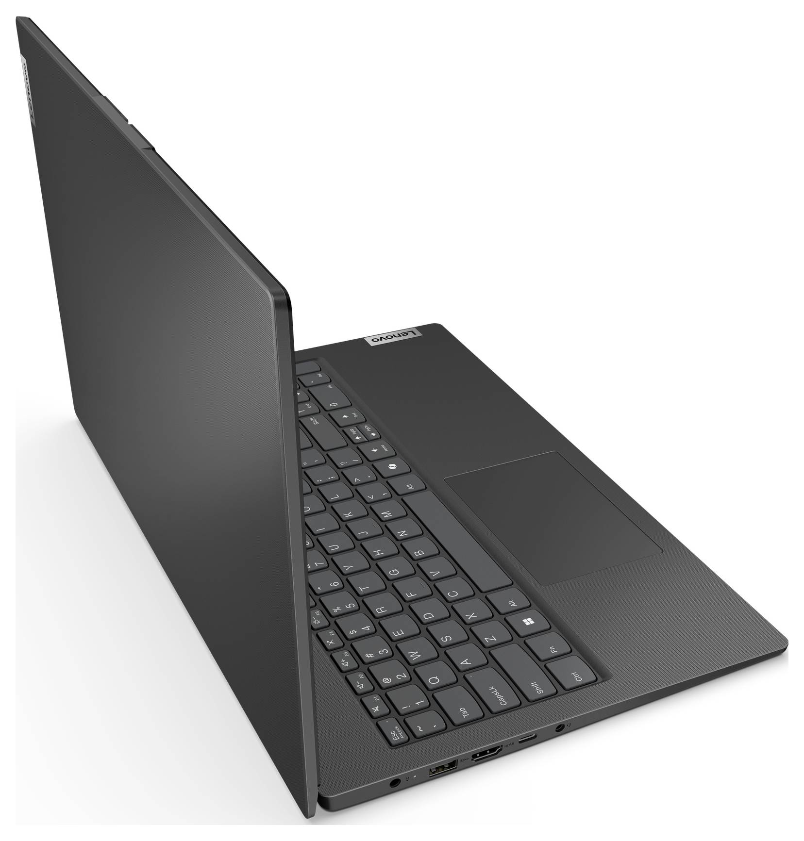 Černý notebook otevřený v úhlu, zobrazující klávesnici, touchpad a boční porty na jednoduchém bílém pozadí.