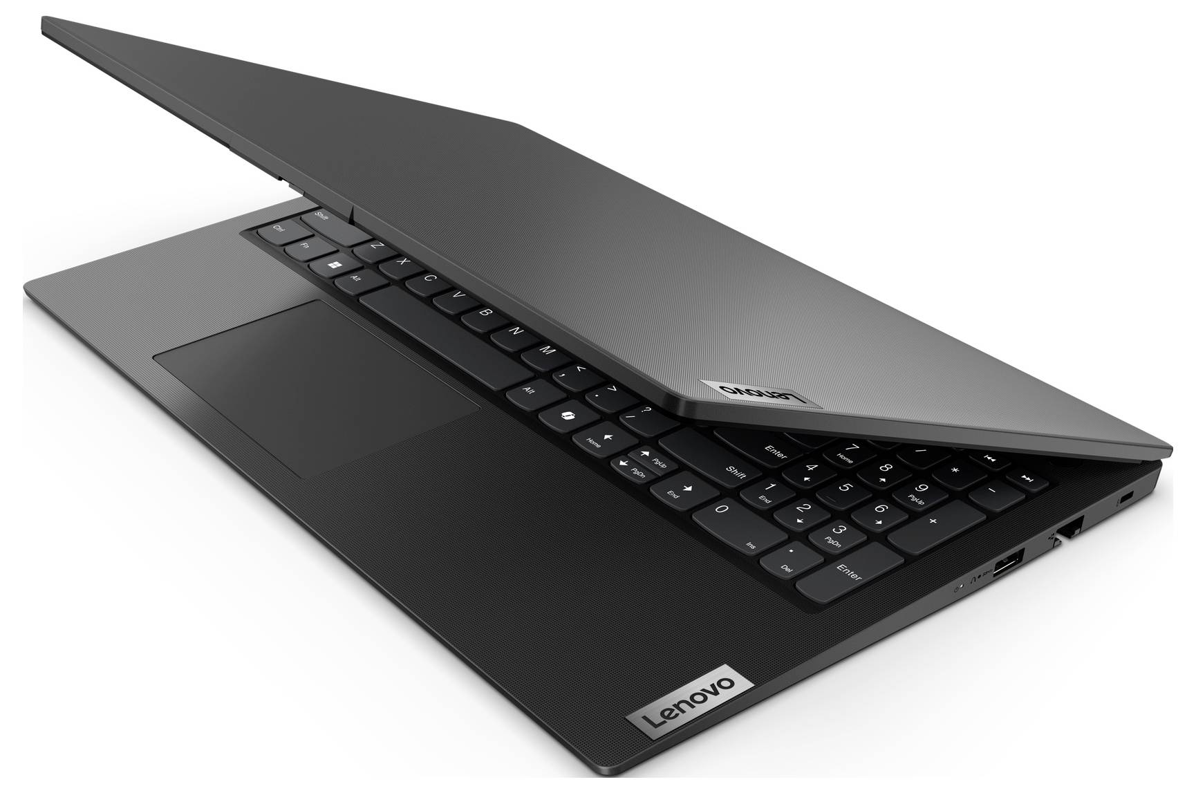 Otevřený notebook Lenovo zobrazený částečně zavřený, s viditelnou klávesnicí na bílém pozadí.