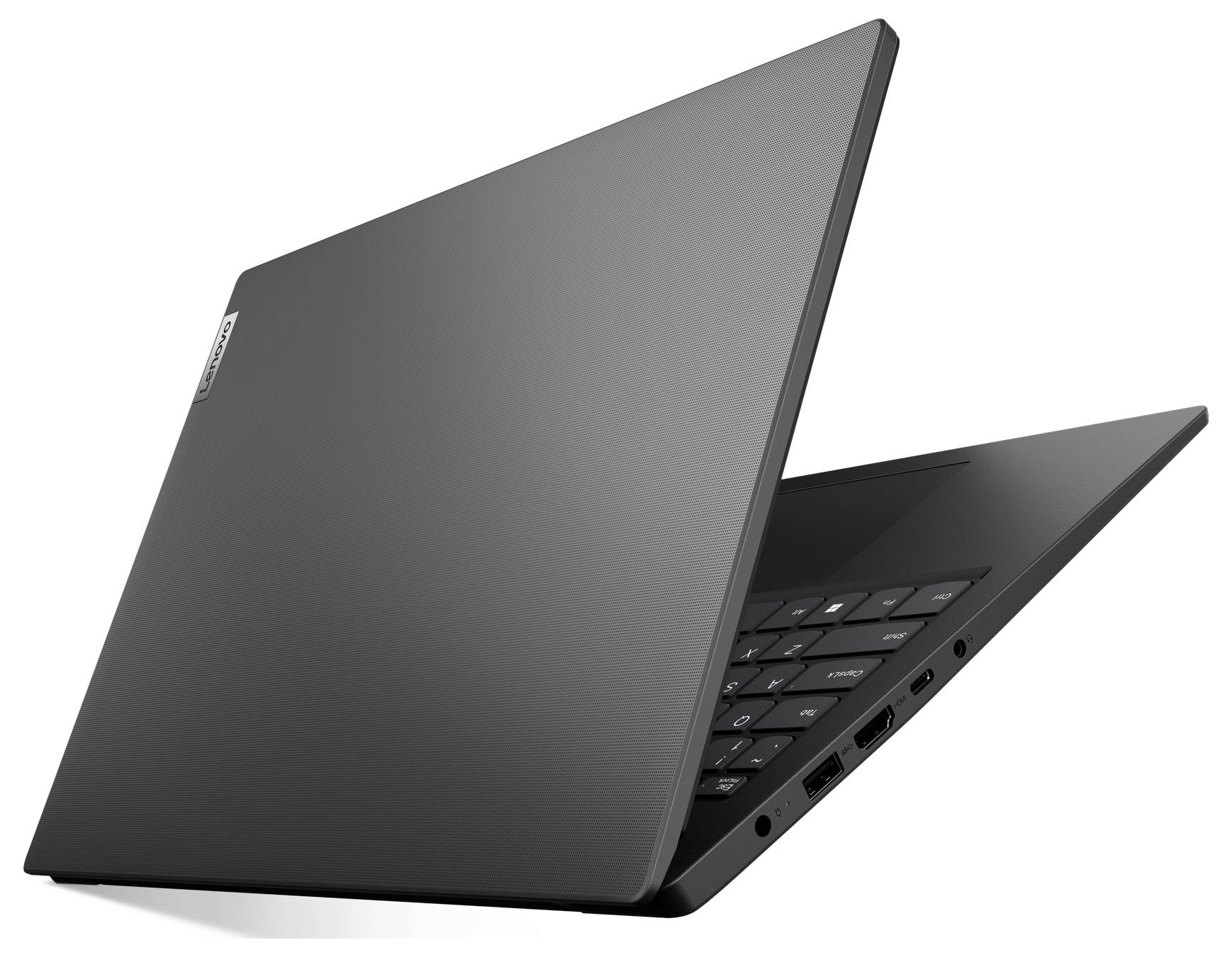 Otevřený černý notebook zobrazený částečně zavřený, odhalující klávesnici a boční porty na bílém pozadí.