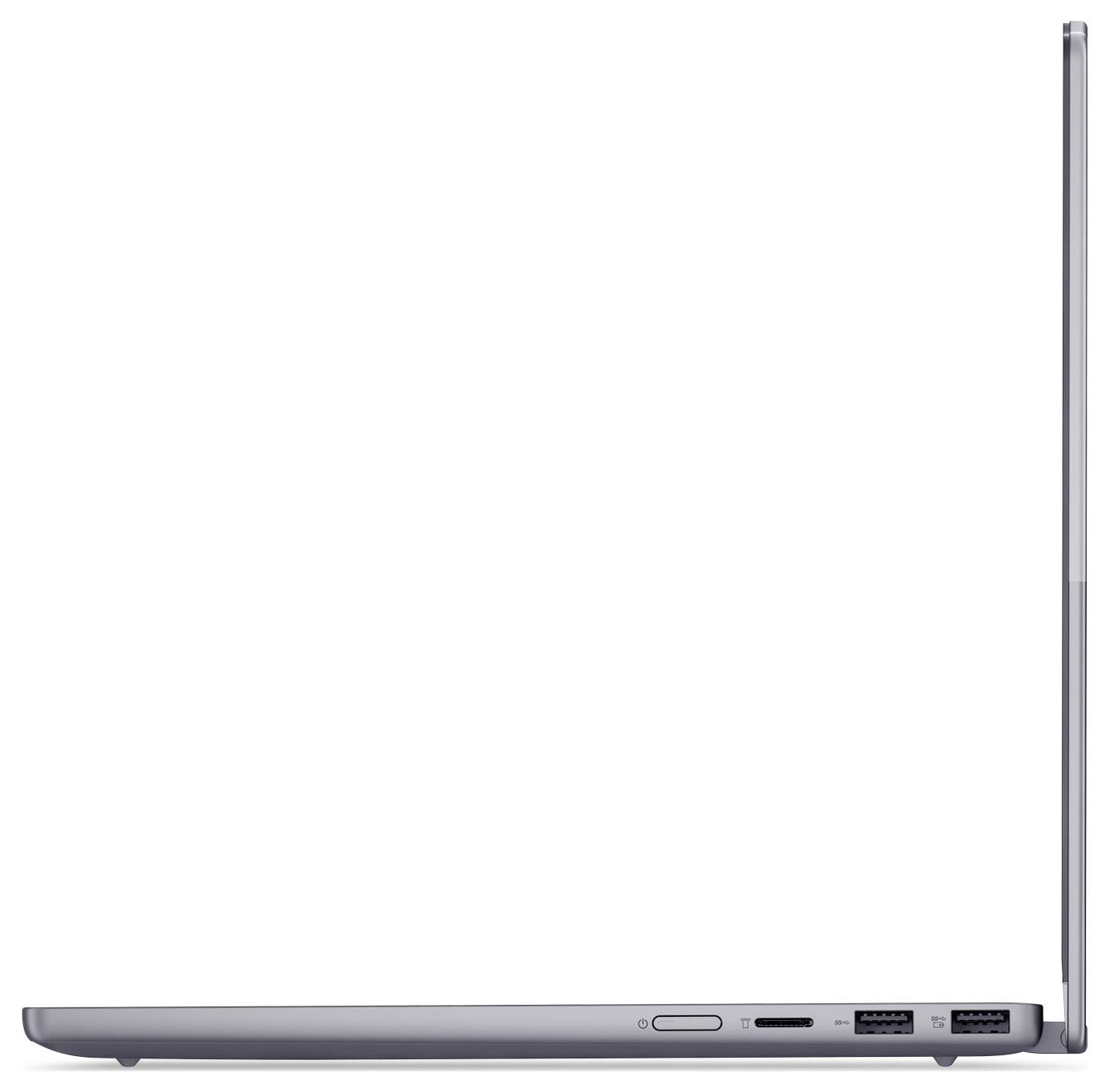 Boční pohled na zavřený stříbrný notebook s viditelným štíhlým profilem a zadním pantem s viditelnými bočními porty.