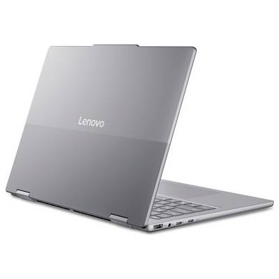 Zavřený laptop Lenovo zobrazený z pohledu zezadu-zleva, stříbrošedý s částečně viditelnou klávesnicí a porty podél levého okraje.