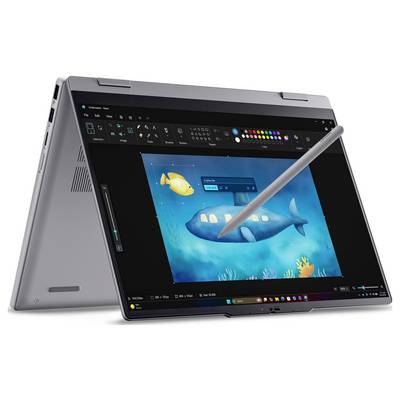 Přenosný 2v1 počítač v režimu stan zobrazuje aplikaci pro digitální malování s podmořskou scénou; stylus kreslí modrou rybu.