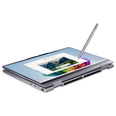 Hybridní 2v1 laptop v režimu tabletu se stylusem, který levituje nad dotykovou obrazovkou, zobrazující aplikaci pro návrh nebo úpravu obrázků.