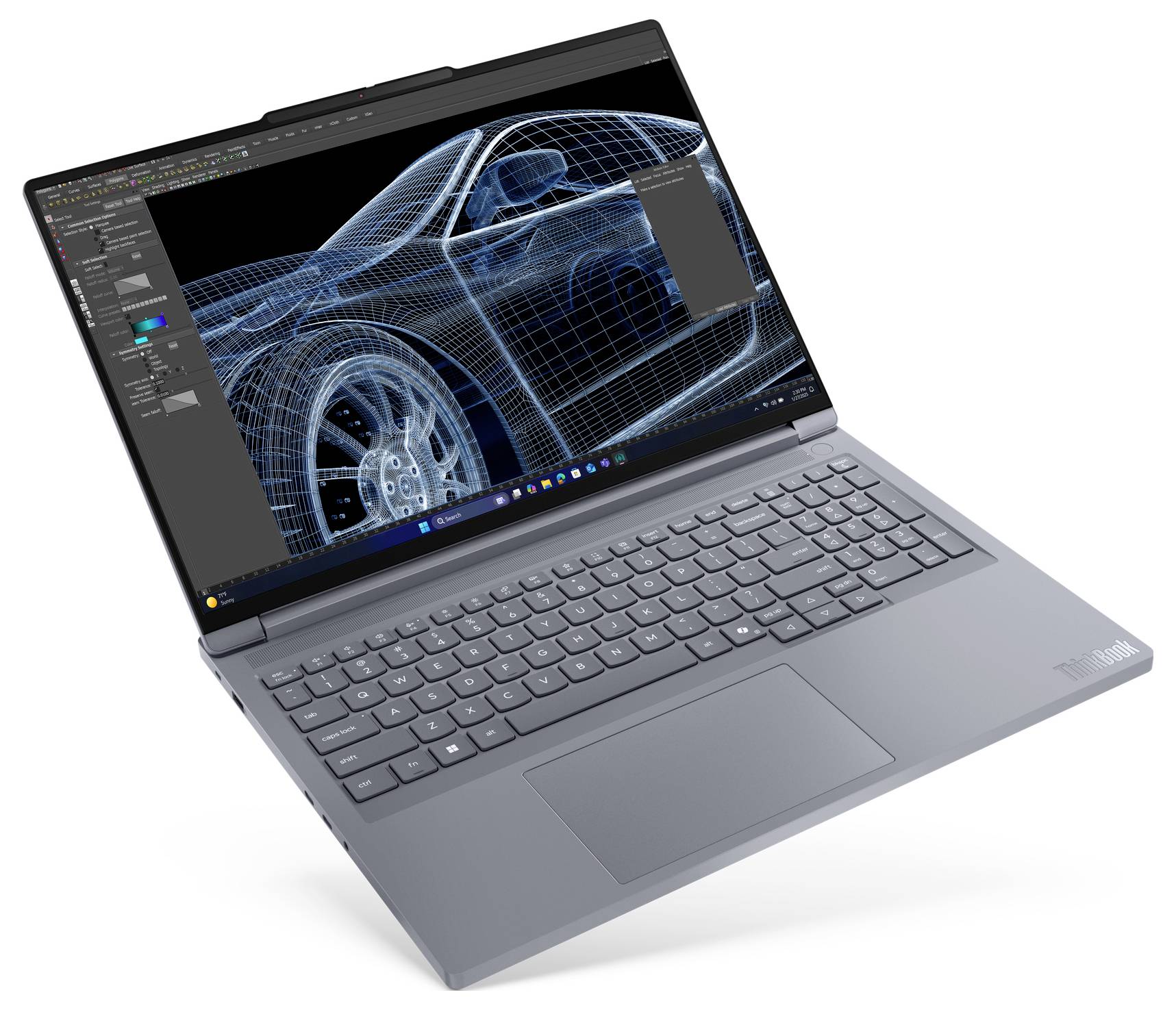 Stříbrný laptop Lenovo zobrazující 3D drátěný model návrhu automobilu v CAD software na svém displeji.