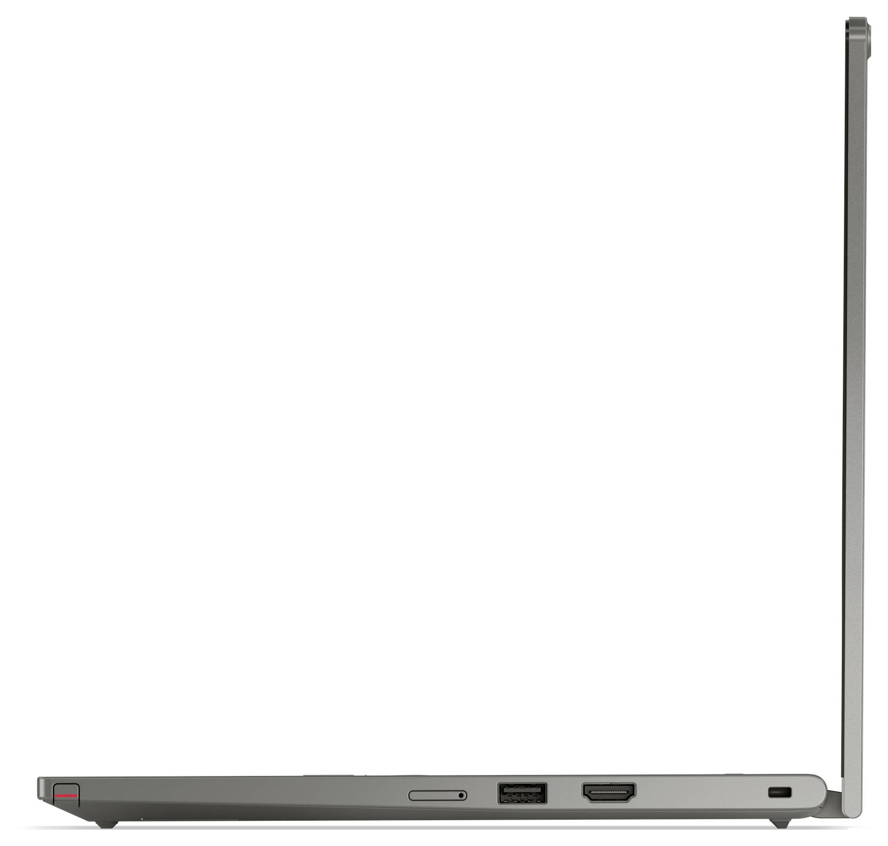 Boční pohled na štíhlý laptop ukazující jeho porty a závěs na bílém pozadí.
