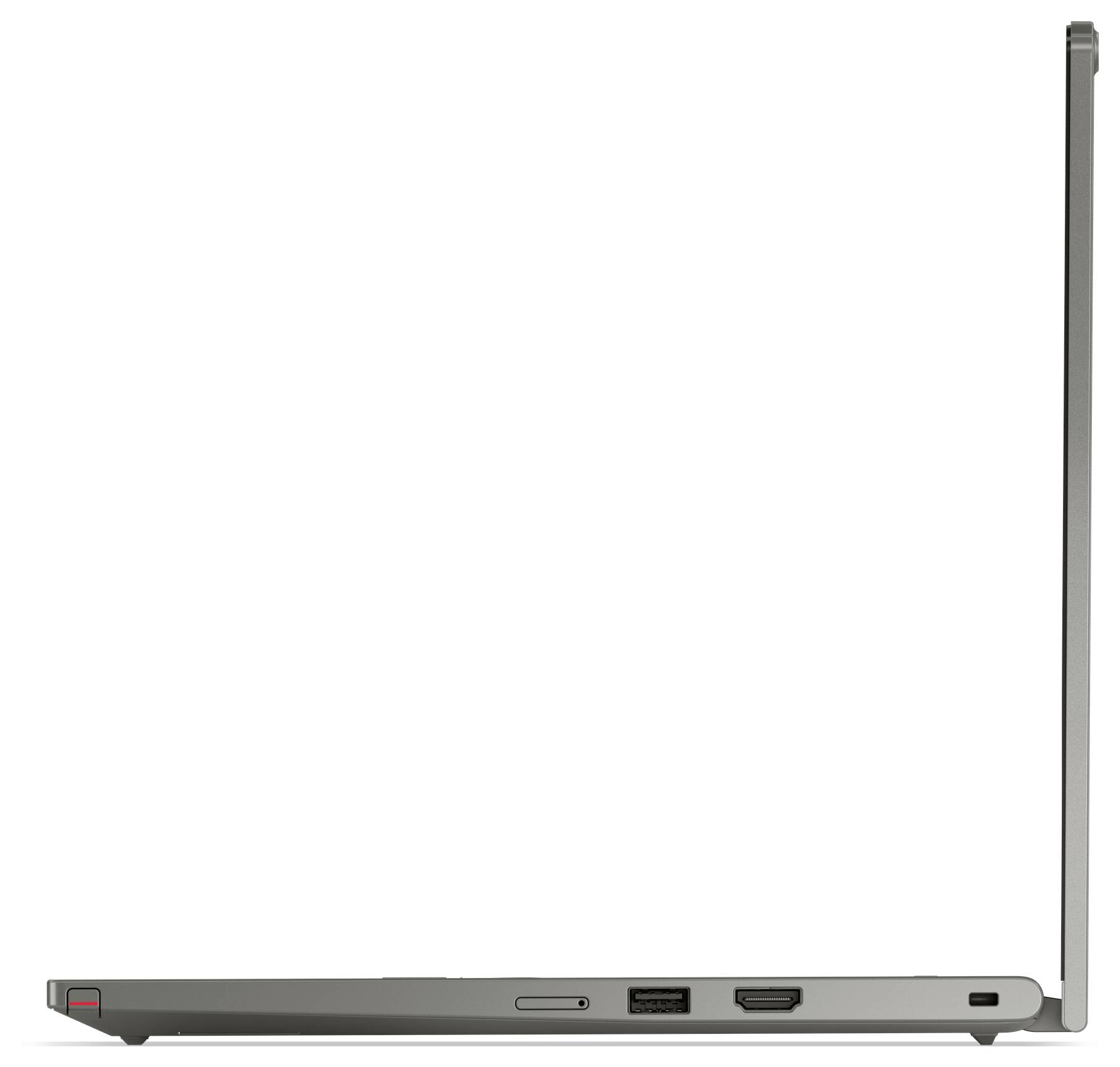 Pohled zezadu na štíhlý uzavřený laptop se zásuvkami na levém okraji a vysokým závěsem/displejem na pravé straně na bílém pozadí.