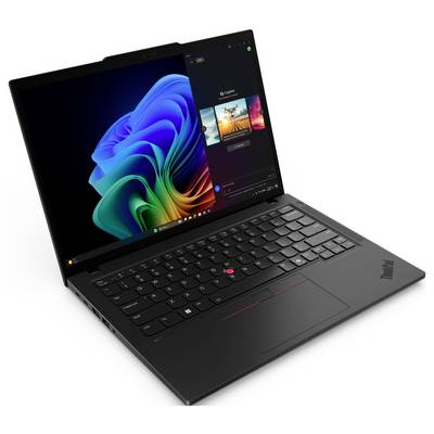 Černý přenosný počítač Lenovo ThinkPad otevřený v úhlu, zobrazující barevnou obrazovku Windows 11 a klávesnici na bílém pozadí.