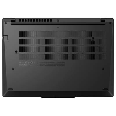 Dolní pohled na černý notebook s ventilačními mřížkami, gumovými nožičkami a zadní oblastí pantu.