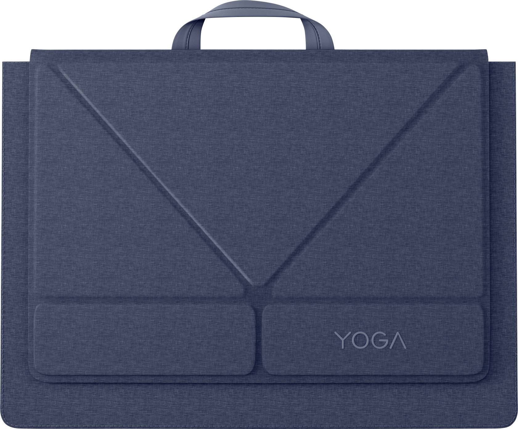 Modrá látková taška na notebook nebo aktovka s horní rukojetí a předními kapsami na klíčenku, označená 'YOGA'.
