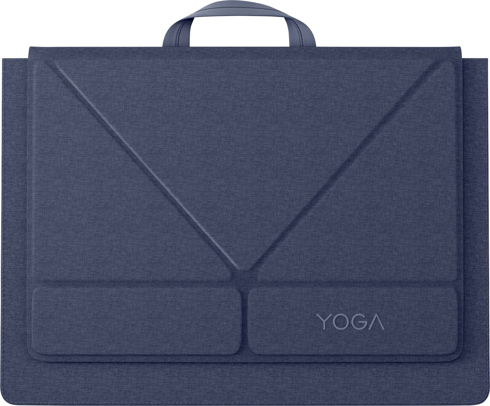 Modrá textilní podložka na jógu s rukojetí a předním klopou, označená 'YOGA'.