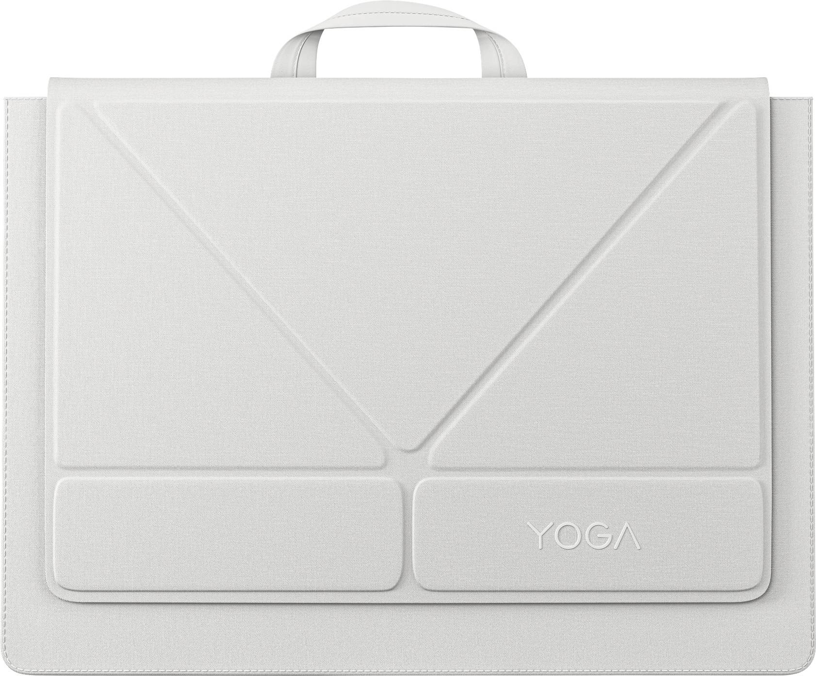 Bílý obal na notebook s horním madlem a přední klopou, s nápisem „YOGA" v pravém dolním rohu.