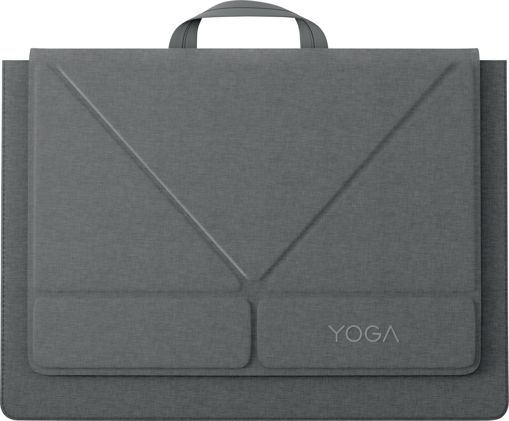 Šedá taška na jogínský koberec s rukojetí a uzávěrem na klíč, na kterém je vpředu napis 'YOGA'.