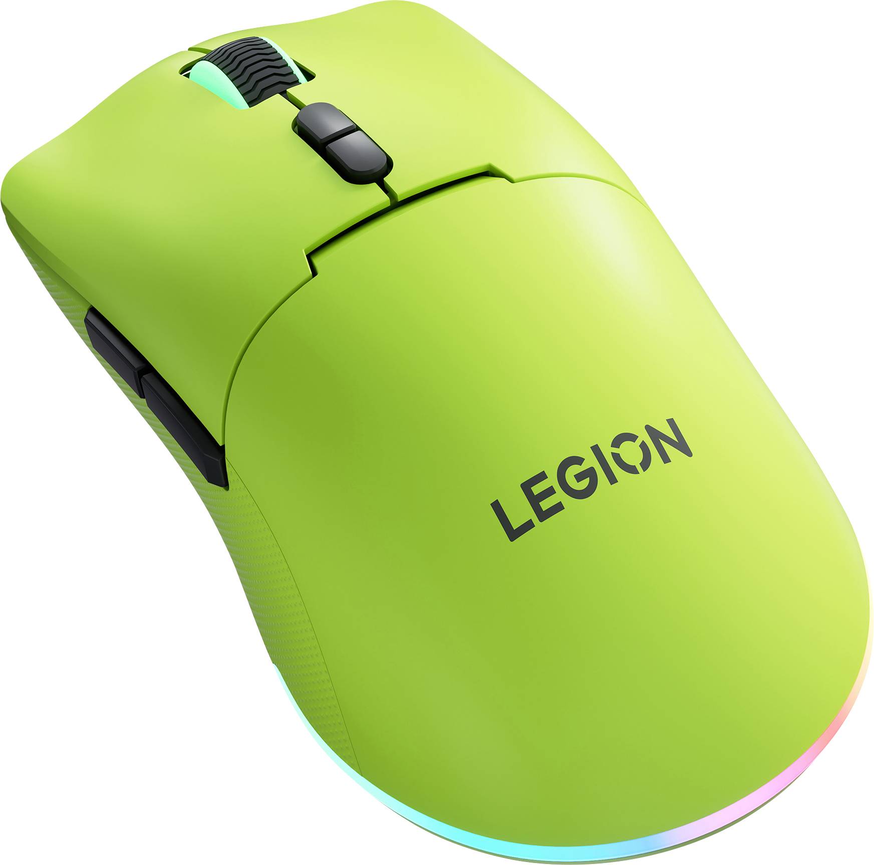 Jasně zelená herní myš Legion s černým kolečkem na posuvný prvek a bočními tlačítky, zobrazená na bílém pozadí se subtilním RGB osvětlením podél spodní hrany.