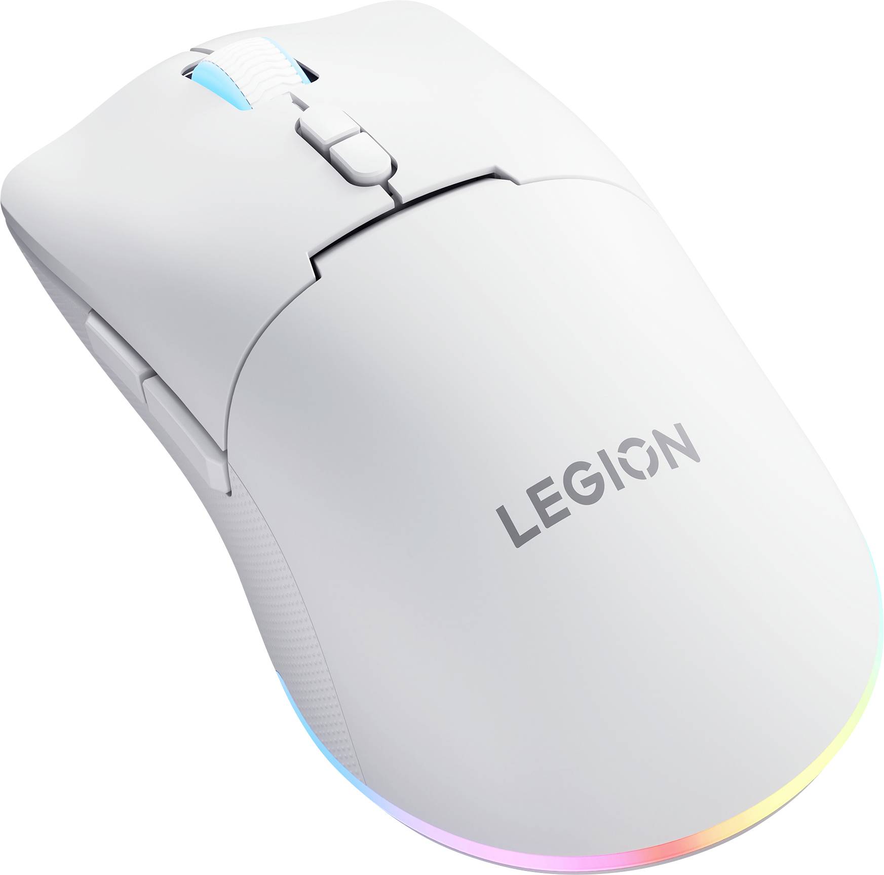 Bezdrátová herní myš White Legion s RGB osvětleným podstavcem a kolečkem pro posouvání na jednoduchém pozadí.