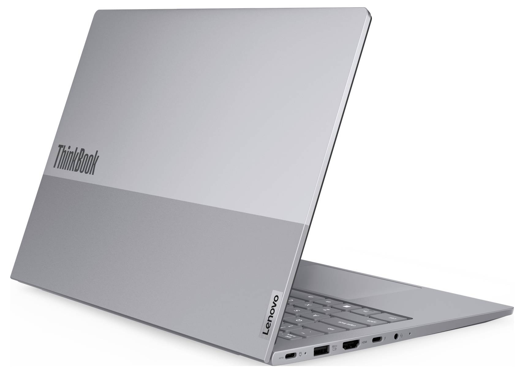 Stříbrný laptop Lenovo ThinkBook zobrazený zavřený pod úhlem, s viditelným značením ThinkBook a Lenovo na víku.