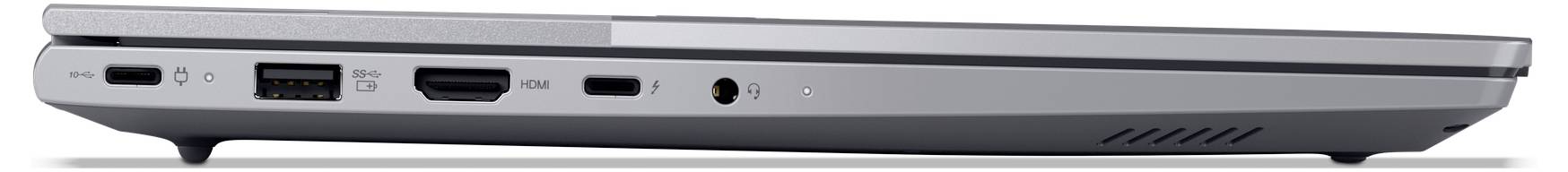 Boční pohled na levý okraj notebooku zobrazující porty: napájení, USB-C, HDMI, USB-A a audio jack.
