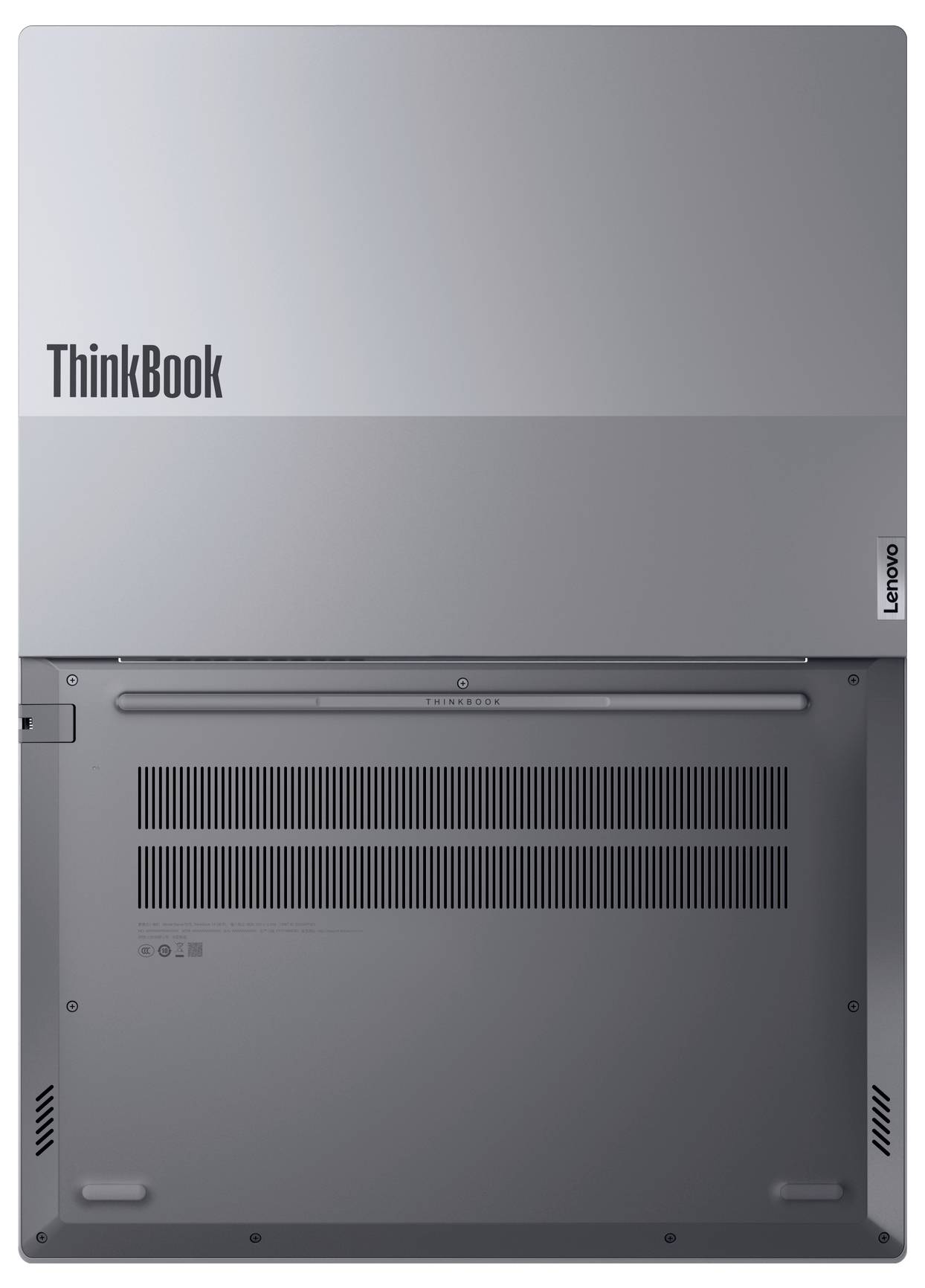 Pohled zdola na laptop Lenovo ThinkBook s podvědomím spodního čalounění, gumovými nožičkami a středově umístěnou závěsnou oblastí.