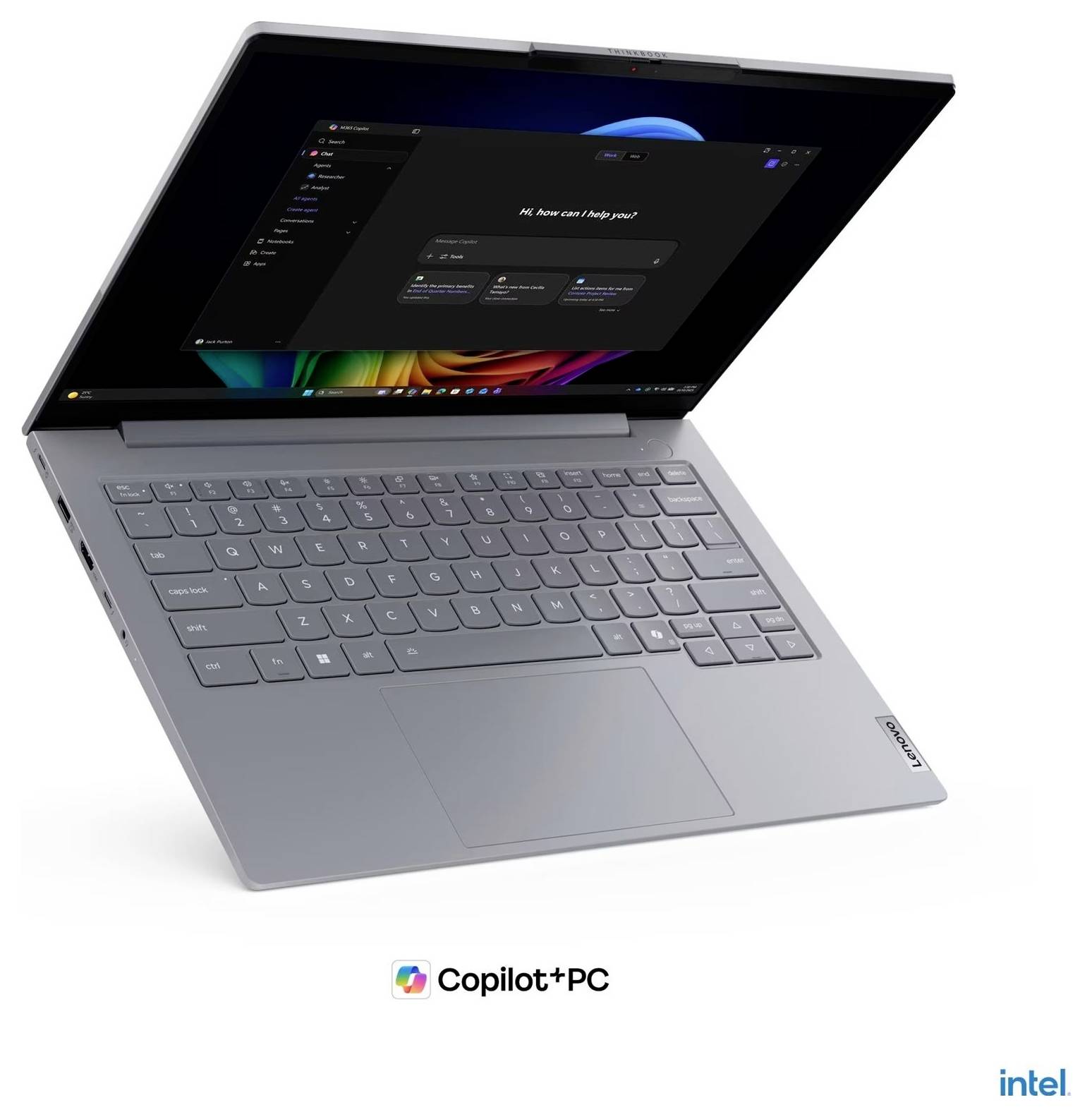 Otevřený laptop Lenovo v režimu stanu s domovskou obrazovkou Copilota, s logy Copilot+ PC a Intel níže.