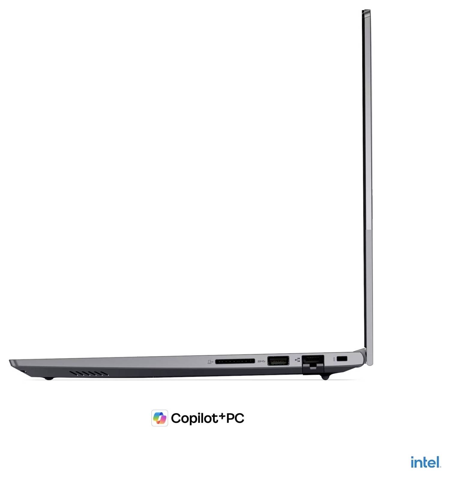 Boční pohled na tenký notebook s vysokou otevřenou obrazovkou zobrazující značení Copilot+ PC a Intel.