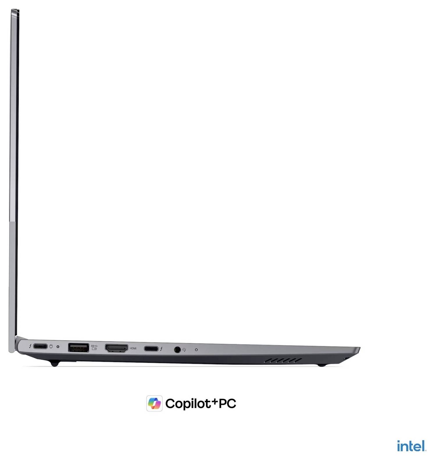 Boční pohled na štíhlý notebook se zvýšeným displejem, zobrazující porty podél levého okraje a loga Copilot+ PC a Intel pod ním.