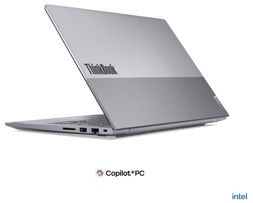 Stříbrný Lenovo ThinkBook notebook zobrazený otevřený na bílém pozadí s logy Copilot+ PC a Intel níže.