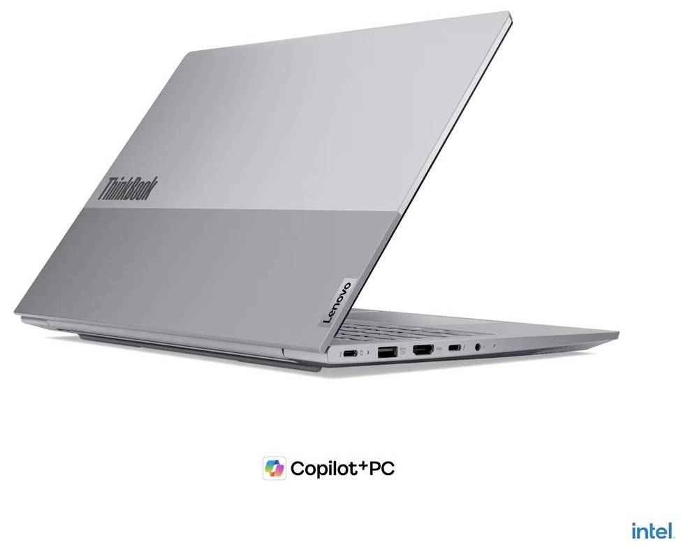 Stříbrný přenosný počítač Lenovo ThinkPad zobrazený otevřený v profilu s logem Copilot+PC a logem Intel pod ním.