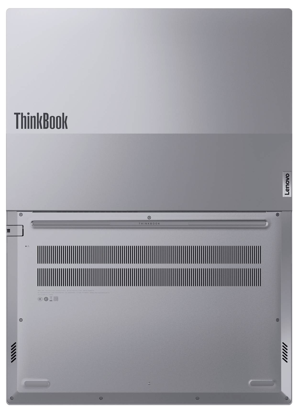 Zadní pohled na stříbrný laptop Lenovo ThinkBook s viditelným logem "ThinkBook" a ventilačními mřížkami.