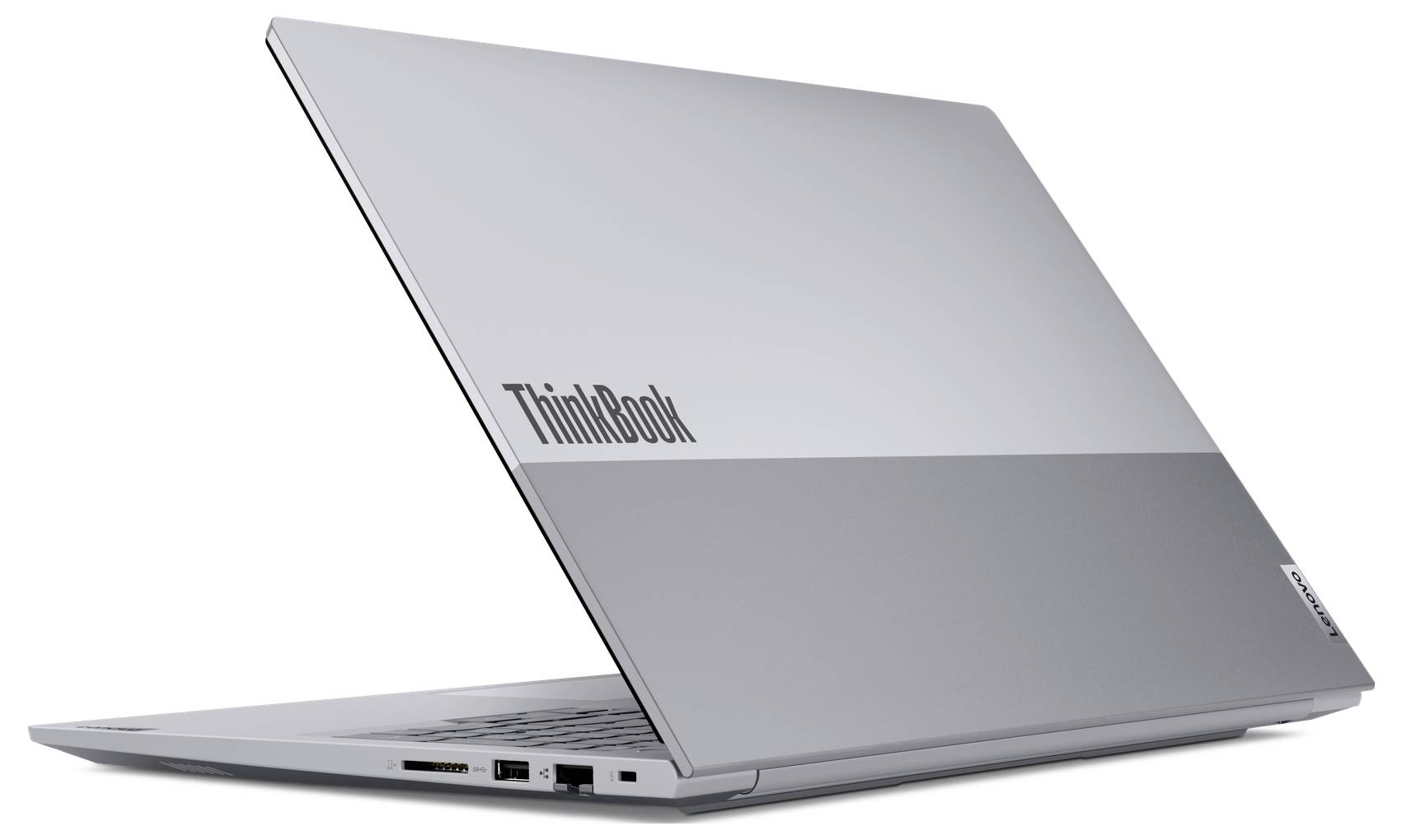Stříbrný laptop Lenovo ThinkBook zobrazený otevřený v bočním pohledu na bílém pozadí.