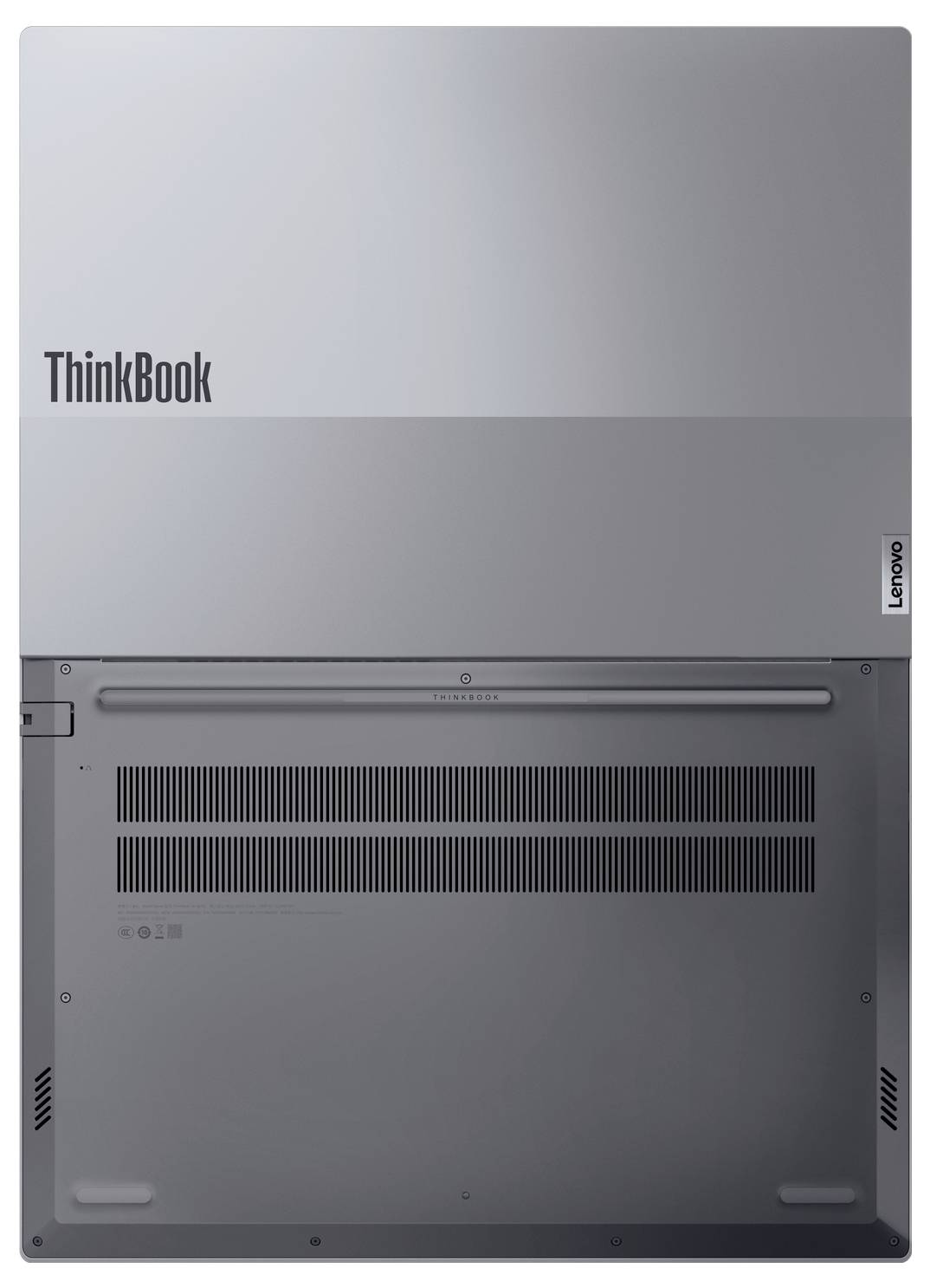 Pohled zezadu na laptop Lenovo ThinkBook zobrazující spodní stranu, větrací mřížky a gumové nožičky.