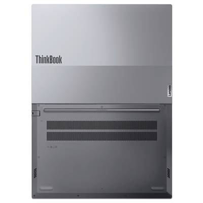 Pohled zezadu na laptop Lenovo ThinkBook zobrazující spodní stranu, větrací mřížky a gumové nožičky.