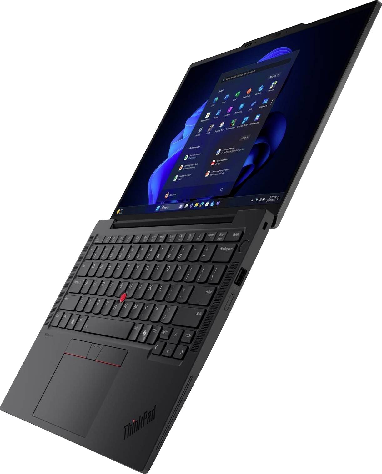 Černý notebook Lenovo ThinkPad zobrazený otevřený v úhlu ve stylu stanu, vykazující obrazovku Windows 11 a plnou klávesnici s TrackPointem a touchpadem.