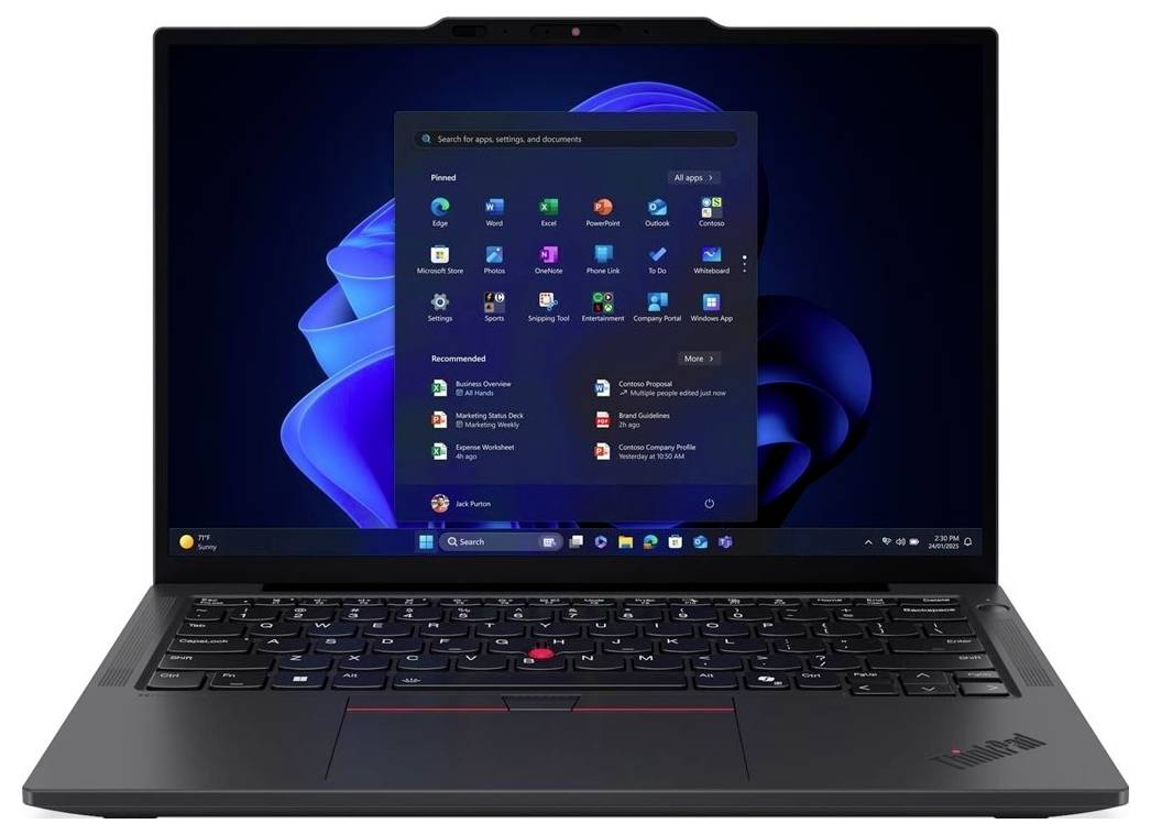 Laptop Lenovo ThinkPad zobrazuje středově umístěnou nabídku Start systému Windows 11 na obrazovce.