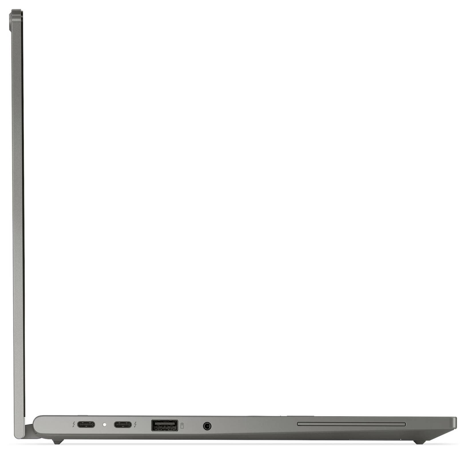 Tenký šedý notebook zobrazený zavřený z bočního pohledu, zdůrazňující jeho štíhlý profil a porty podél hrany.