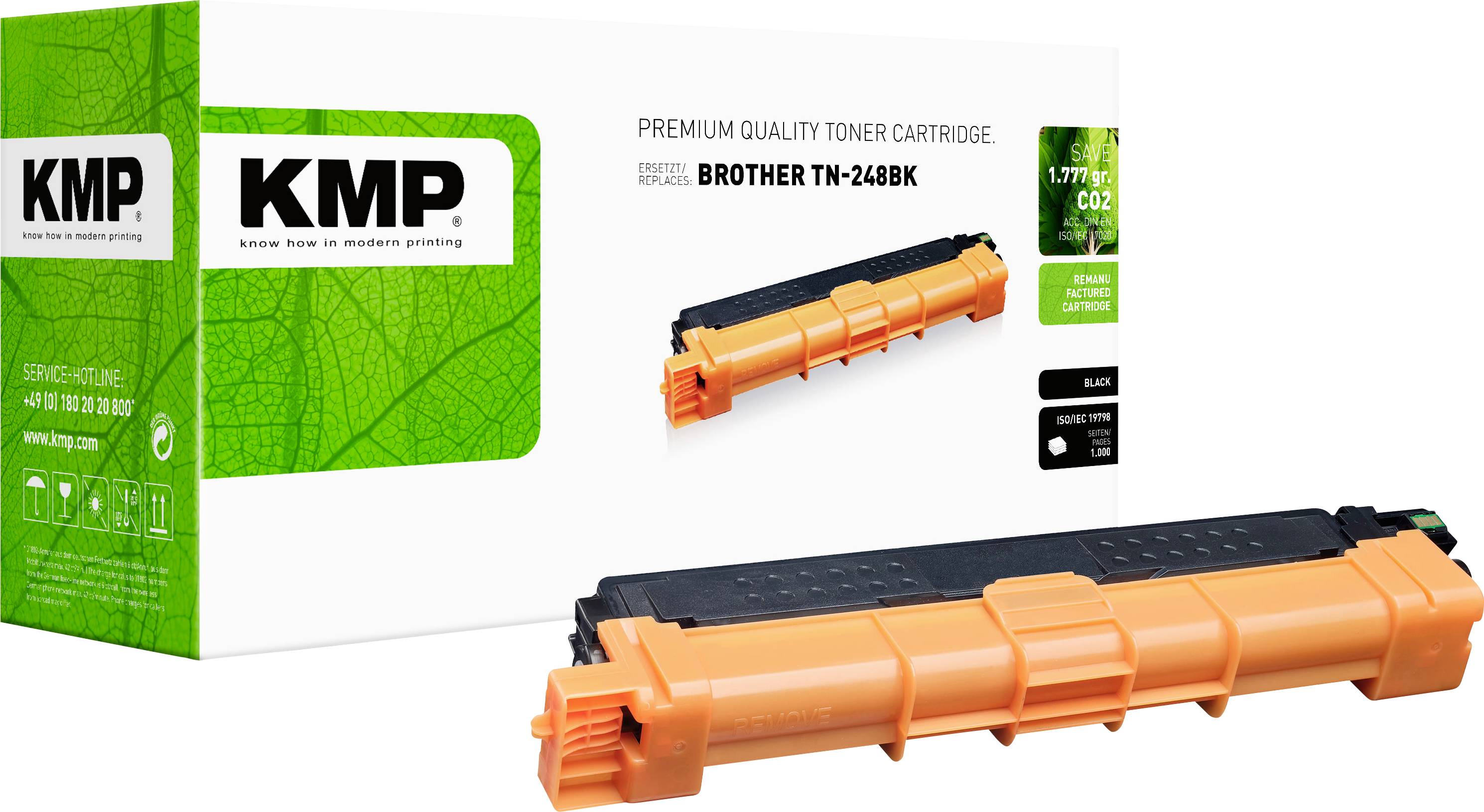 Prémiová kvalitní tonerová kazeta KMP pro Brother TN-248BK, zobrazená v oranžovo-černém balení s velkým obrázkem kazety