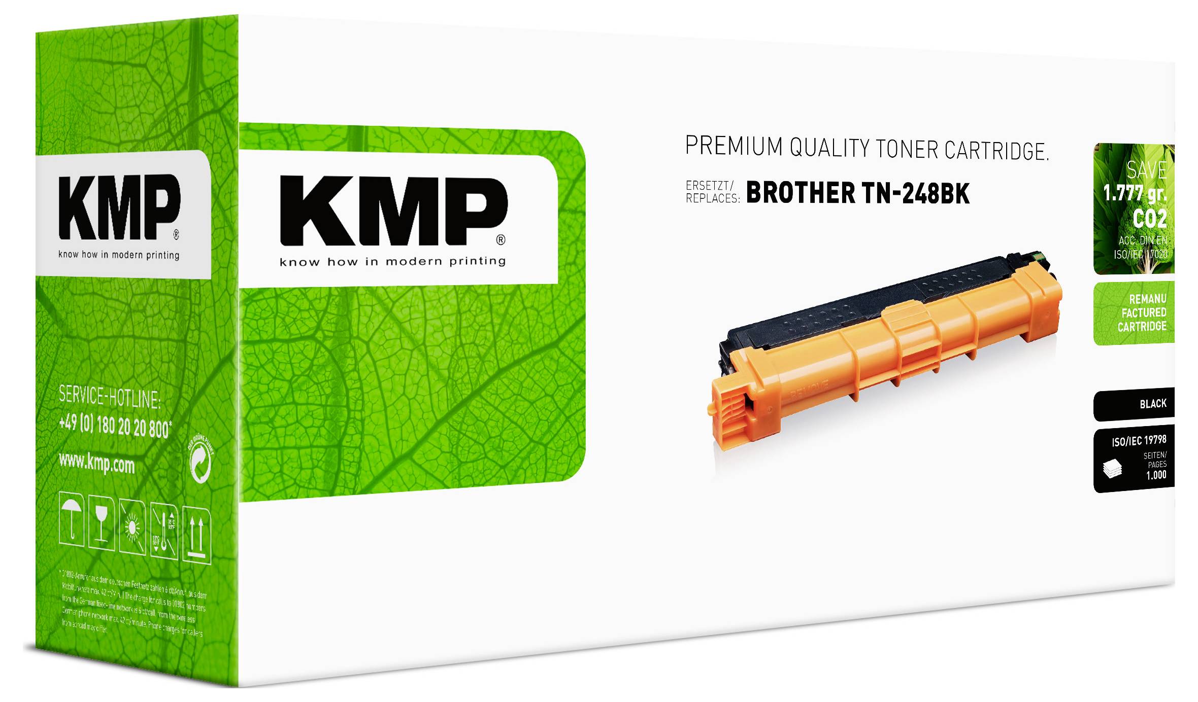 Balení toneru KMP prémiové kvality pro Brother TN-248BK, zobrazující oranžový tonerový kertáž a zelené krabicové značení.