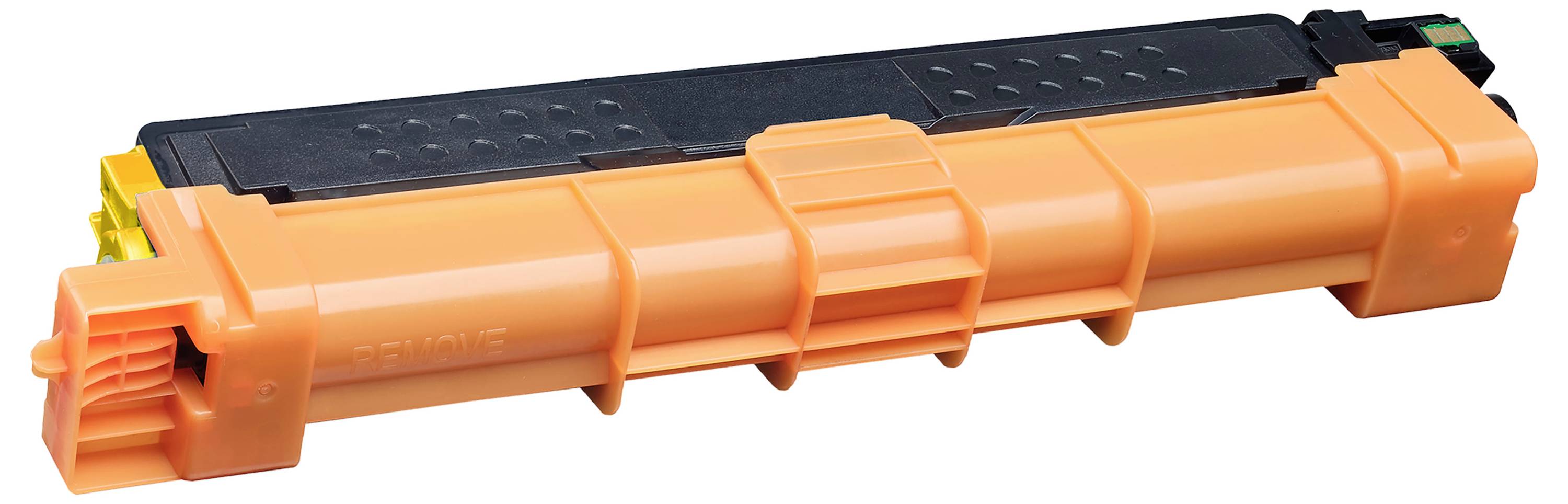 Cartridge s tonerem pro tiskárnu v oranžové a černé barvě zobrazená na bílém pozadí