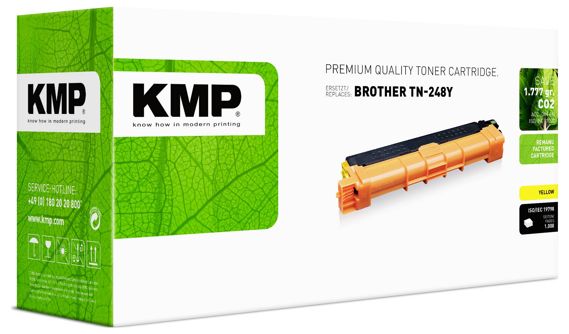 Krabička prémiové tonerové kazety KMP pro Brother TN-248Y s oranžovou tonerovou kazetou a zeleným balením.