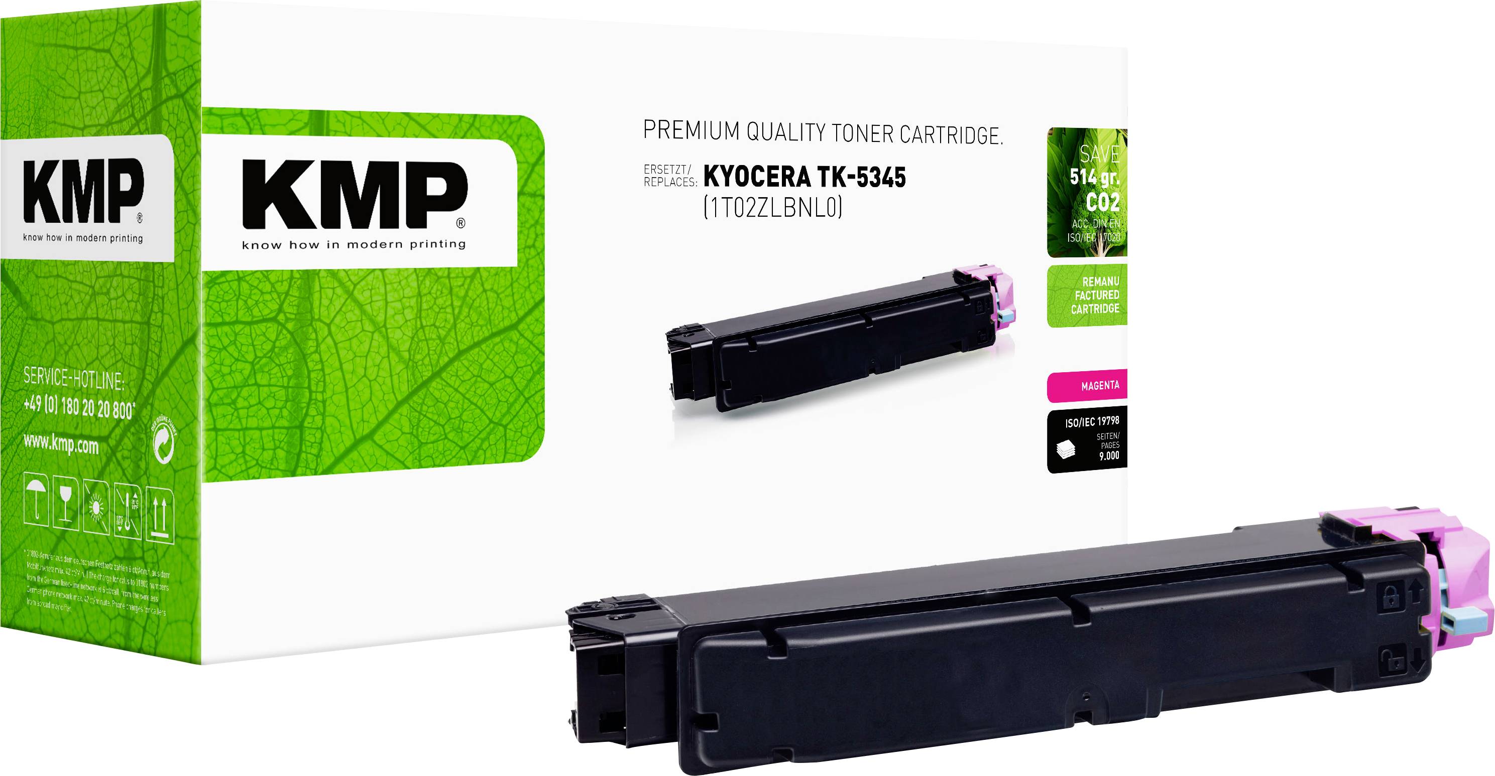 KMP prémiová kvalitní tonerová kazeta pro Kyocera TK-5345, zobrazená s balením a černou tonerovou kazetou.