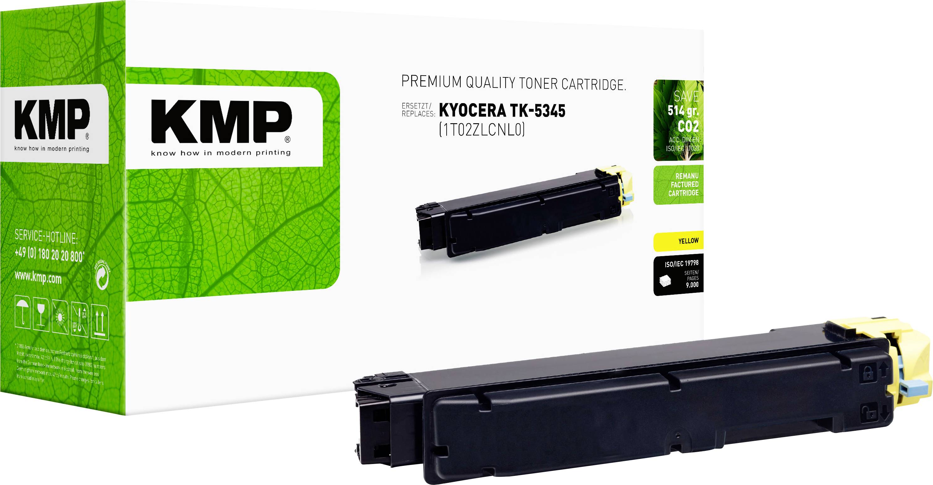 KMP prémiová kvalitní tonerová kazeta pro Kyocera TK-5345 černý toner do tiskárny, zobrazena se zeleným obalem produktu a obrázky kazety.