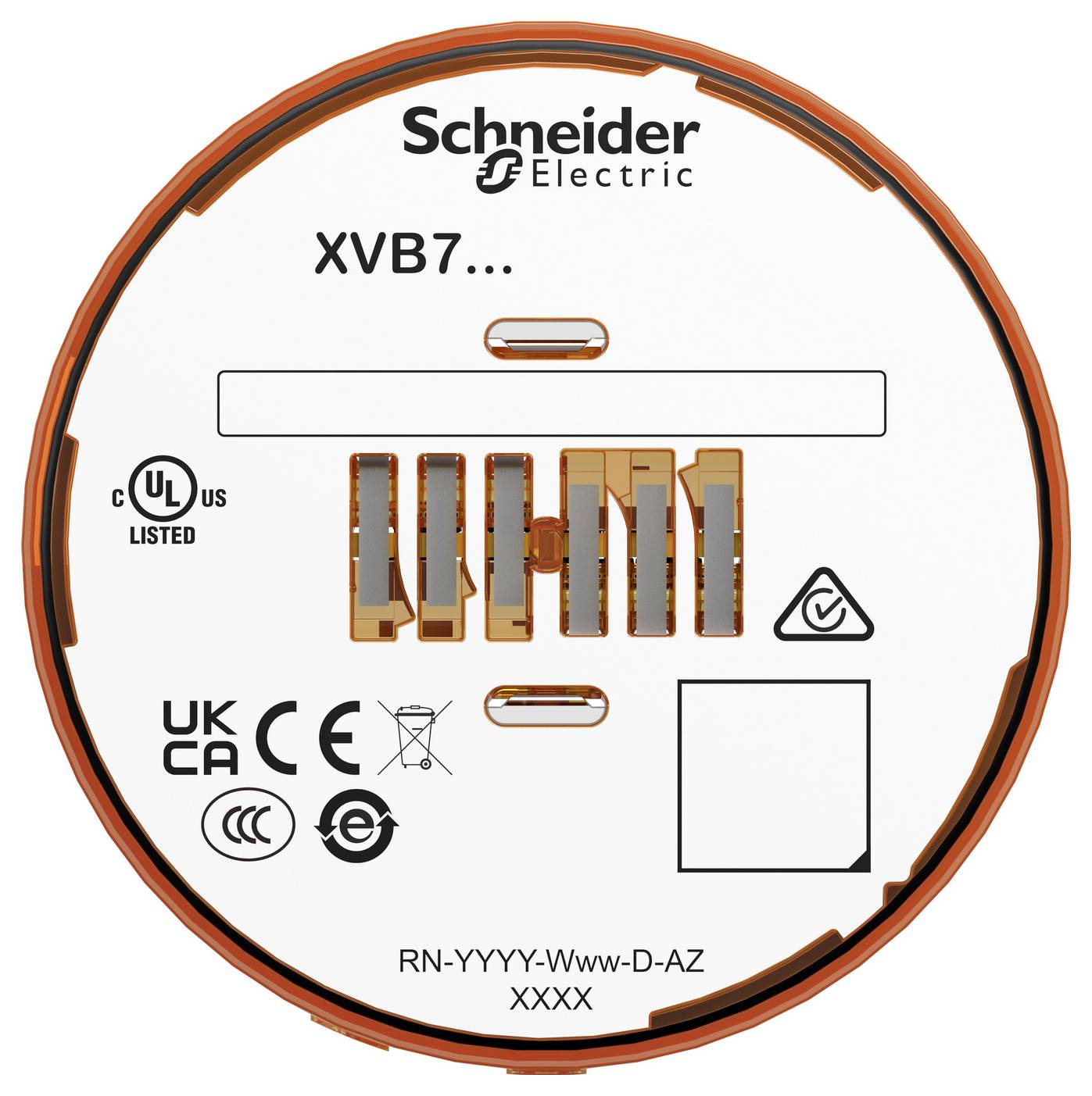 Schneider Electric XVB7… kulatý štítek produktu s certifikačními značkami, zónou čárového kódu a kódem modelu RN-YYYY-Www-D-AZ XXXX.