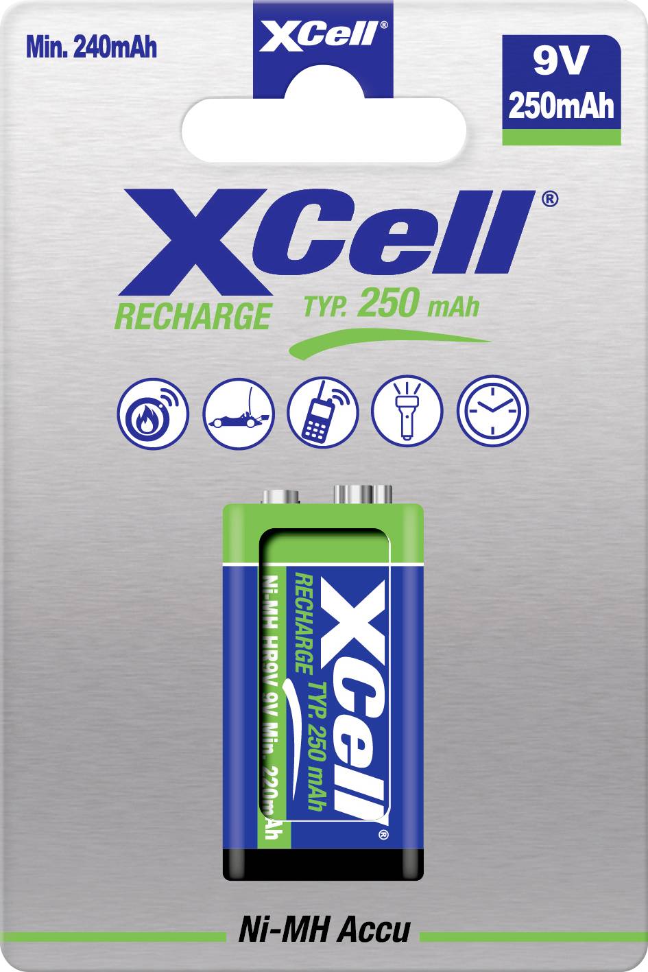 Balení nabíjecí baterie XCell 9V Ni-MH se štítky „Min. 240mAh", „9V 250mAh" a „TYP. 250 mAh", s baterií zobrazená na předním straně.