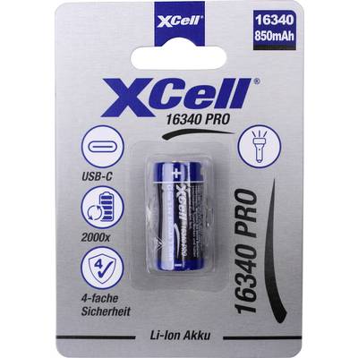 XCell 16340 PRO 850mAh USB-C nabíjecí Li-ion baterie v blistrovém balení se symboly bezpečnosti a svítilny.