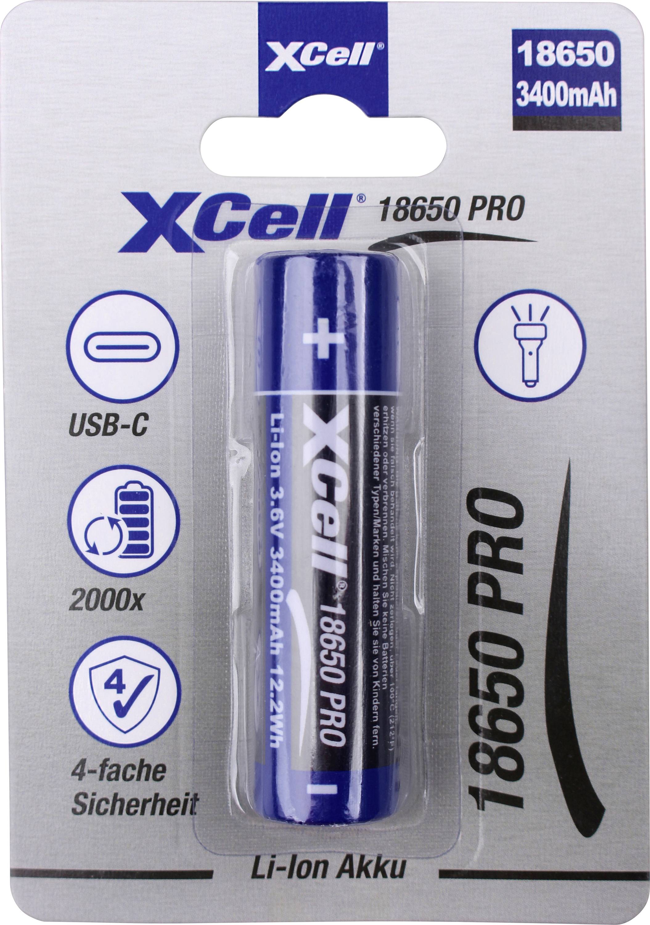 XCell 18650 PRO lithiová baterie Li-ion v maloobchodním balení, označená USB-C, 3400mAh, 2000x a 4násobná bezpečnost.