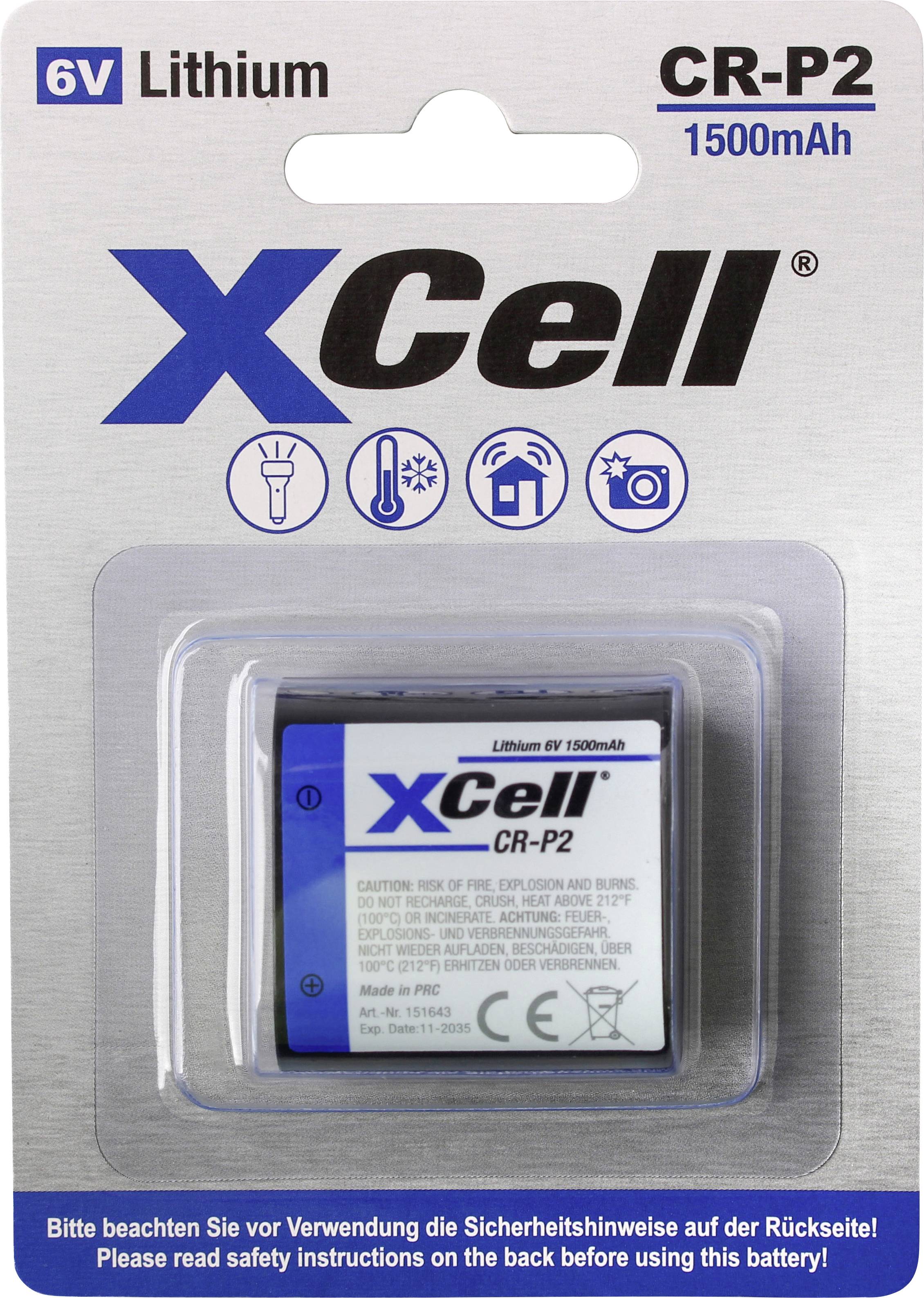 Balíček lithiové baterie XCell CR-P2 6V, označený 1500mAh, s fotkou produktu a textem bezpečnostního upozornění.