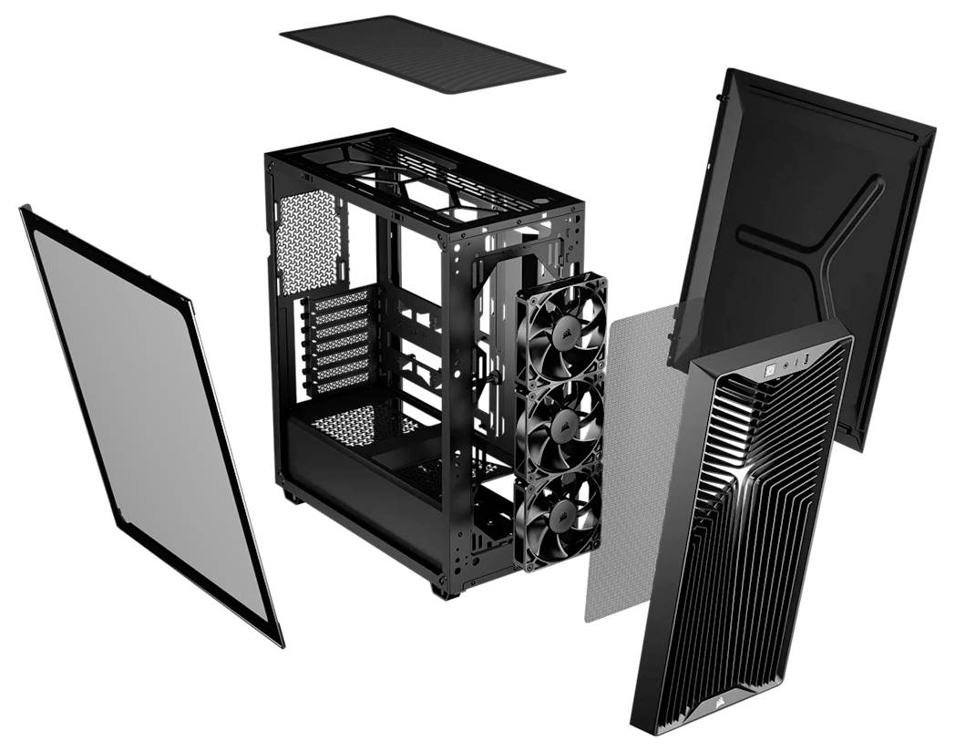 Rozložený pohled na černou skříň PC ukazující odnímatelné panely, přední síťovou mřížku, rámeček, ventilátory a boční části oddělené kolem šasi.