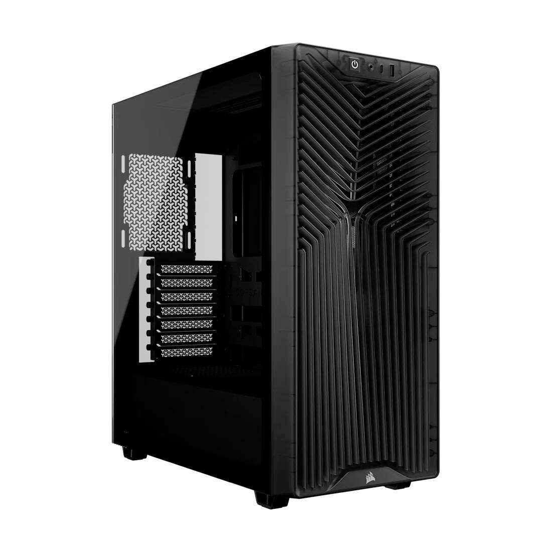 Skříň stolního PC Black Corsair s předním ventilačním panelem a bočním panelem z kaleného skla odhalujícím sloty pro rozšíření.