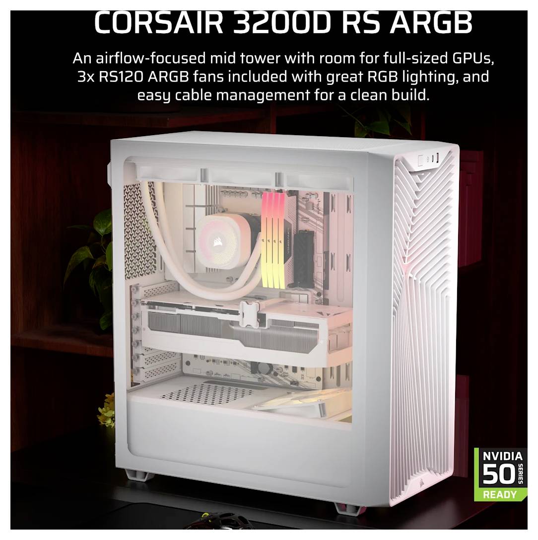 Propagační obrázek skříně CORSAIR 3200D RS ARGB mid-tower PC případu zobrazující bílou stolní sestavu s RGB ventilátory, podporou pro velkých grafických karet a odznakem Ready pro NVIDIA 50 Series.