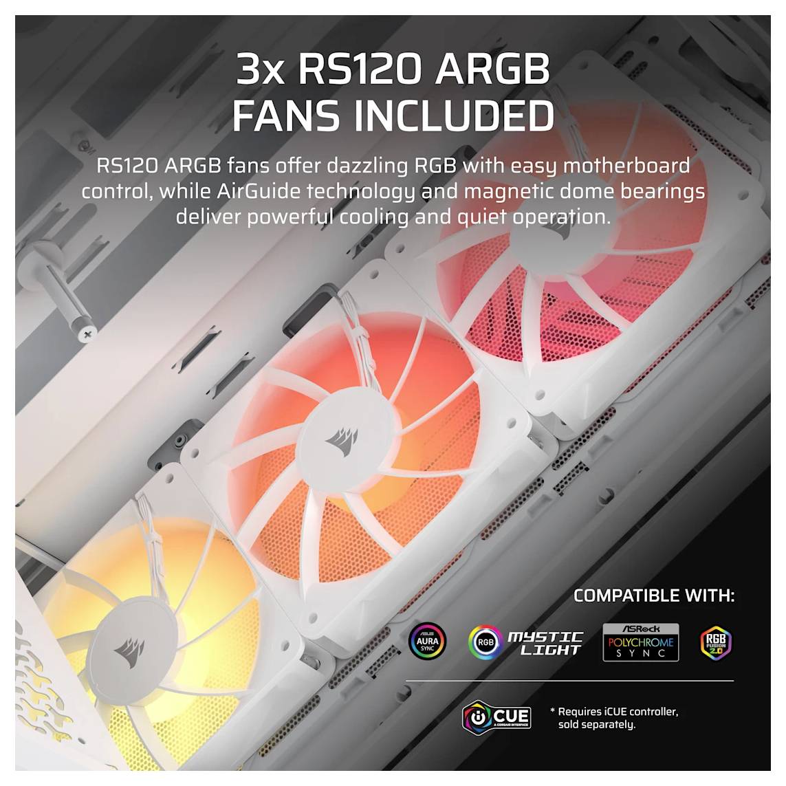 Reklamní obrázek zobrazující tři RGB ventilátory skříně nainstalované v počítači, označené jako "3x RS120 ARGB VENTILÁTORY ZAHRNUTY" s logy kompatibility v dolní části.