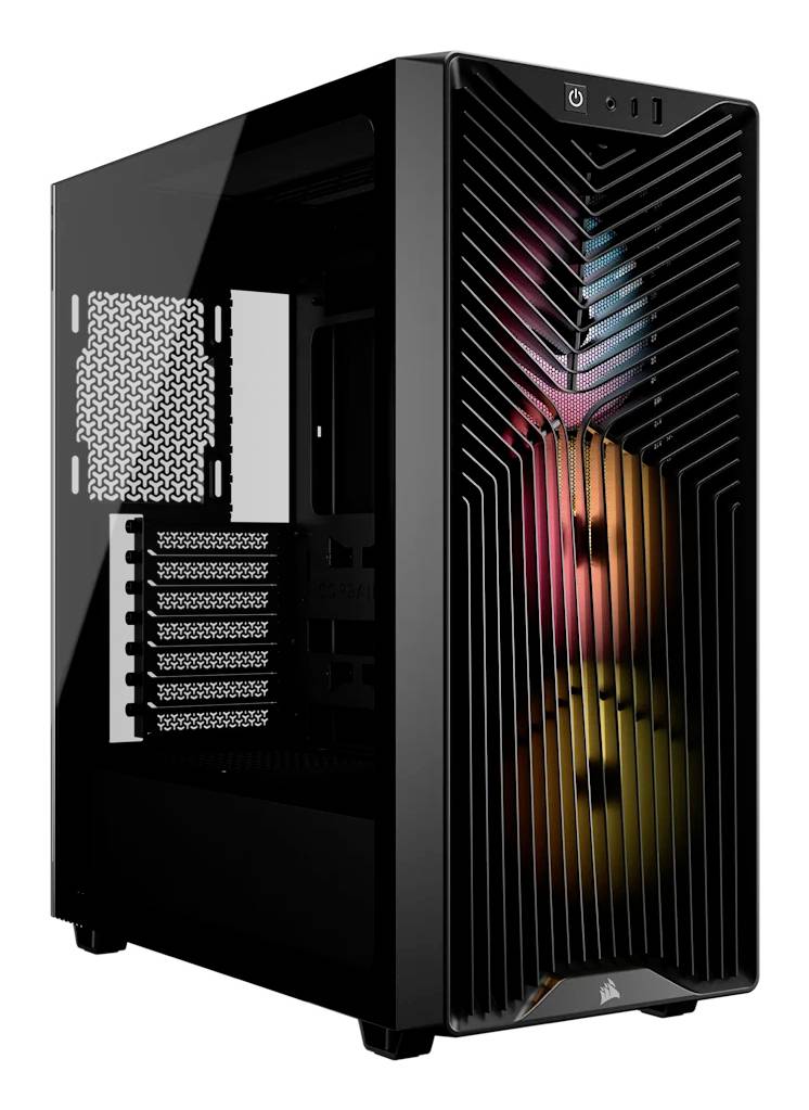 Černá skříň počítače typu tower pro stolní PC s přední mřížkou a třemi viditelnými RGB ventilátory, otevřená strana odhalující interní zálihy pro jednotky a síťové panely.