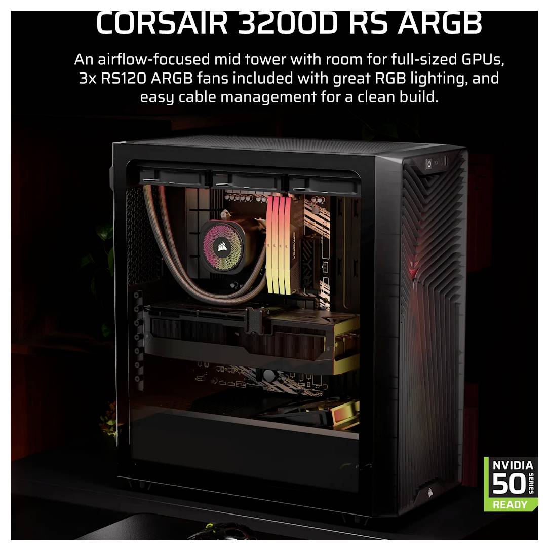 Skříň Corsair 3200D RS ARGB s RGB osvětlením interních komponent; text upozorňuje na větrání zaměřenou střední věž, prostor pro grafické karty v plné velikosti a 3 zahrnuté ventilátory RS120 ARGB.